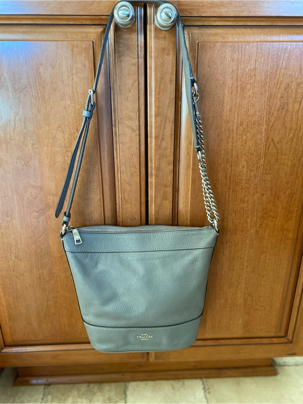 Coach Pebble Leather Crossbody Bag in Gray with Chain-Accent Strap